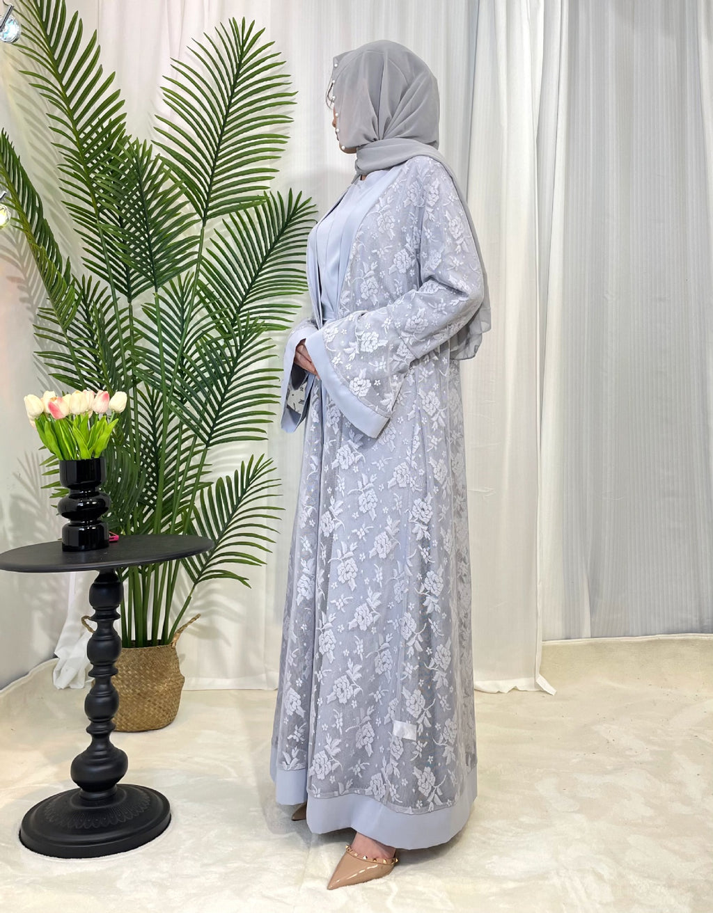 Clear Lace Rose Dress Abaya 3 Piece Set VITABAYA Clear Lace Rose Dress Abaya 3 Piece Set VITABAYA