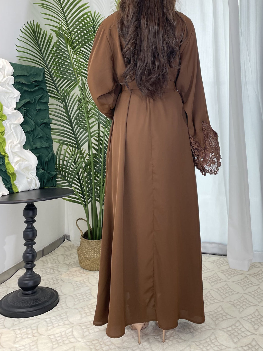 Solid Color Floral Lace Abaya