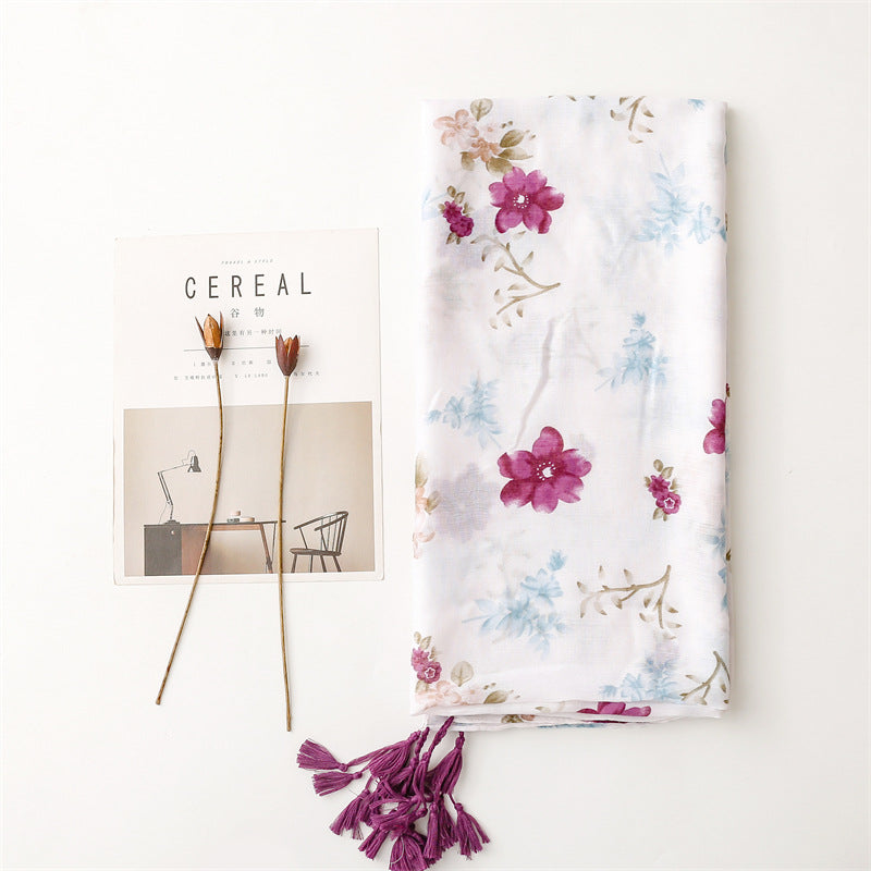 Cotton Linen Floral Hijab Scarf with Tassels