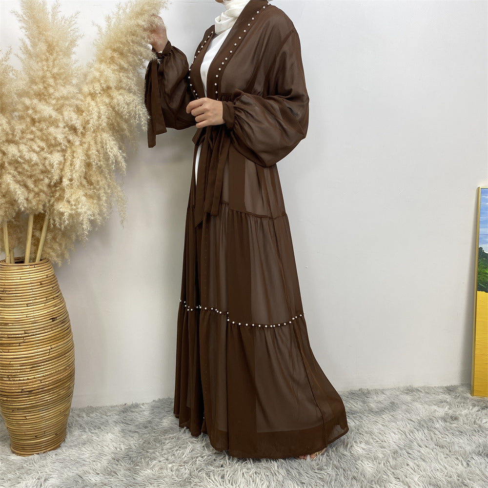 عباية مفتوحة من الشيفون وخرز الأظافر من التول