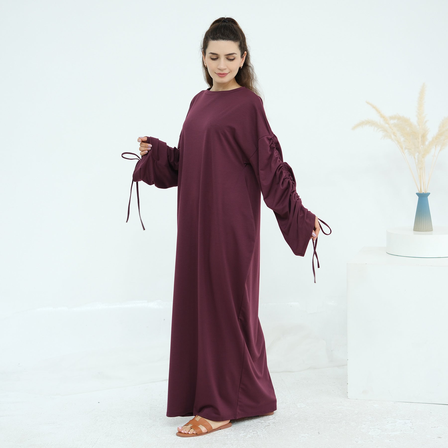 Solid Color Dress with Drawstring Cuffs Abaya