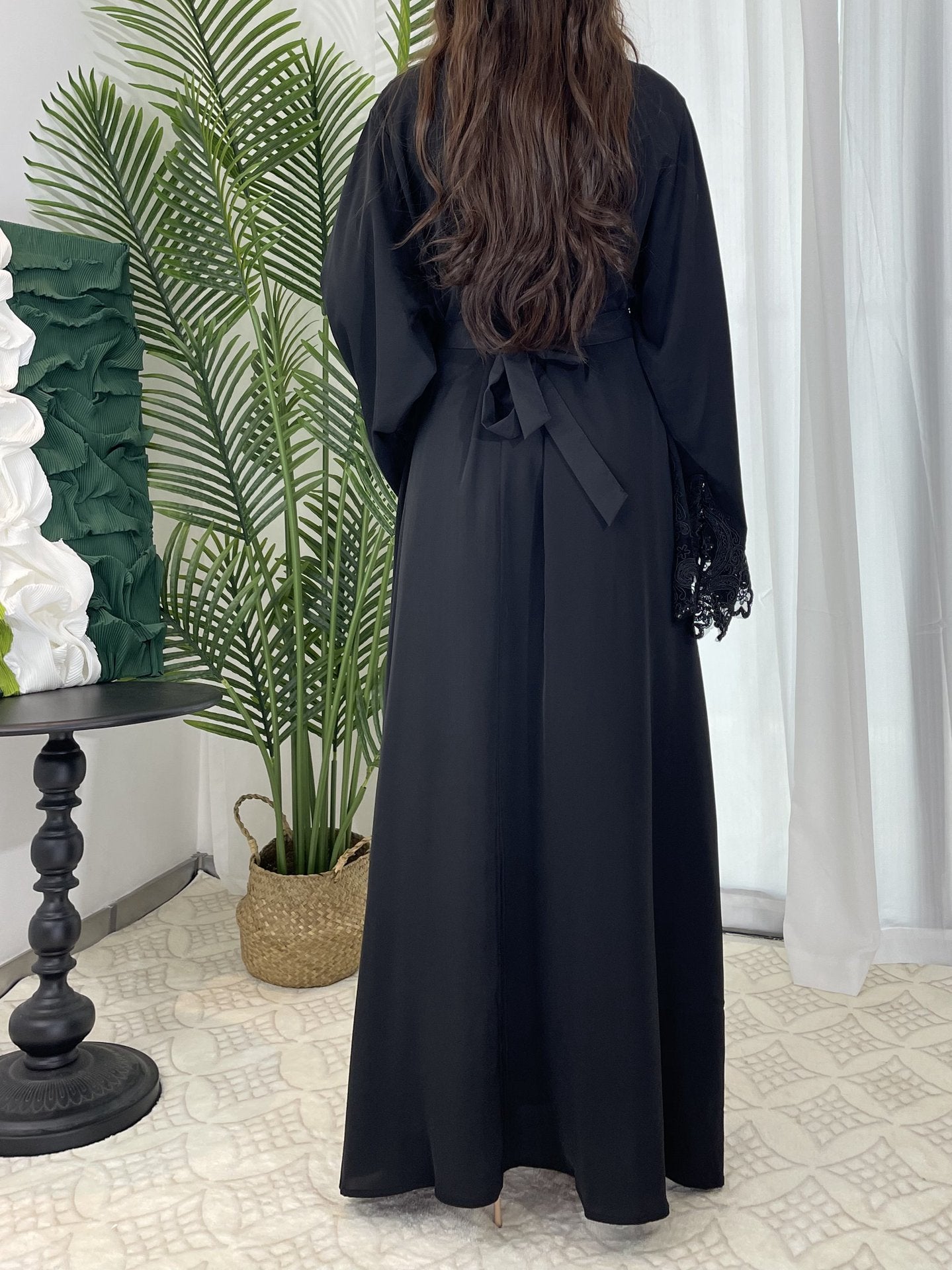 Solid Color Floral Lace Abaya