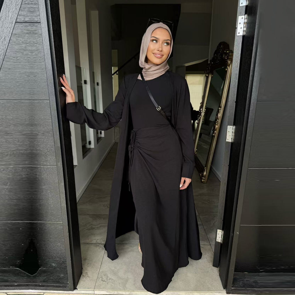 2 Pcs Abaya Solid Color Cardigan and Skirt