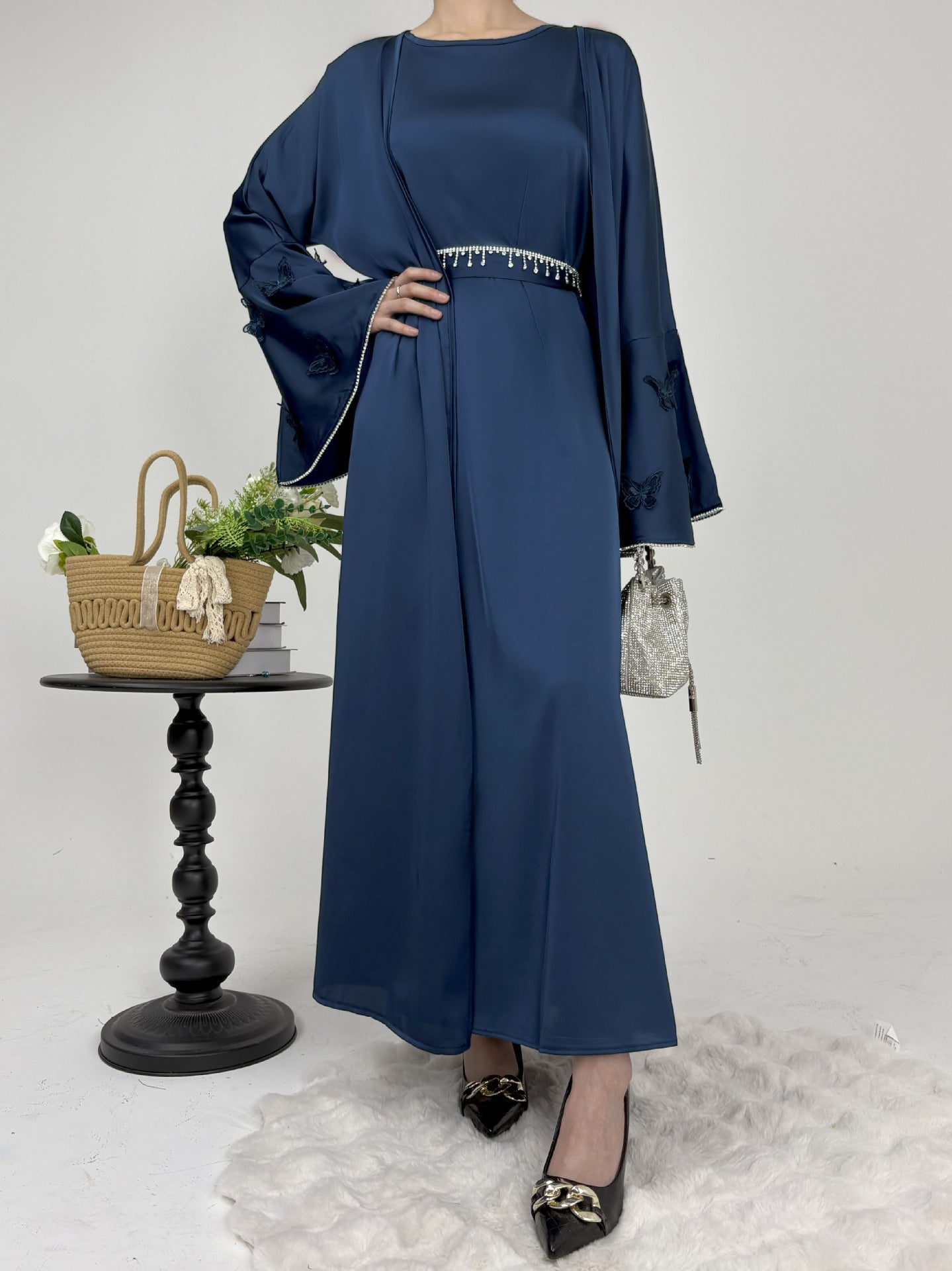 2 Pcs Butterfly Satin Abaya with Crystal Chain