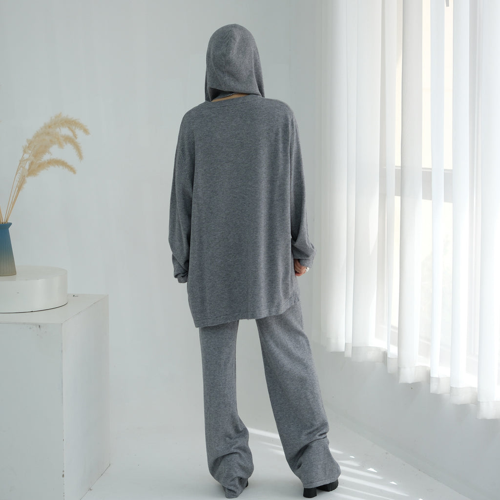 2 Pcs Solid Color Knitted Set with Hooded