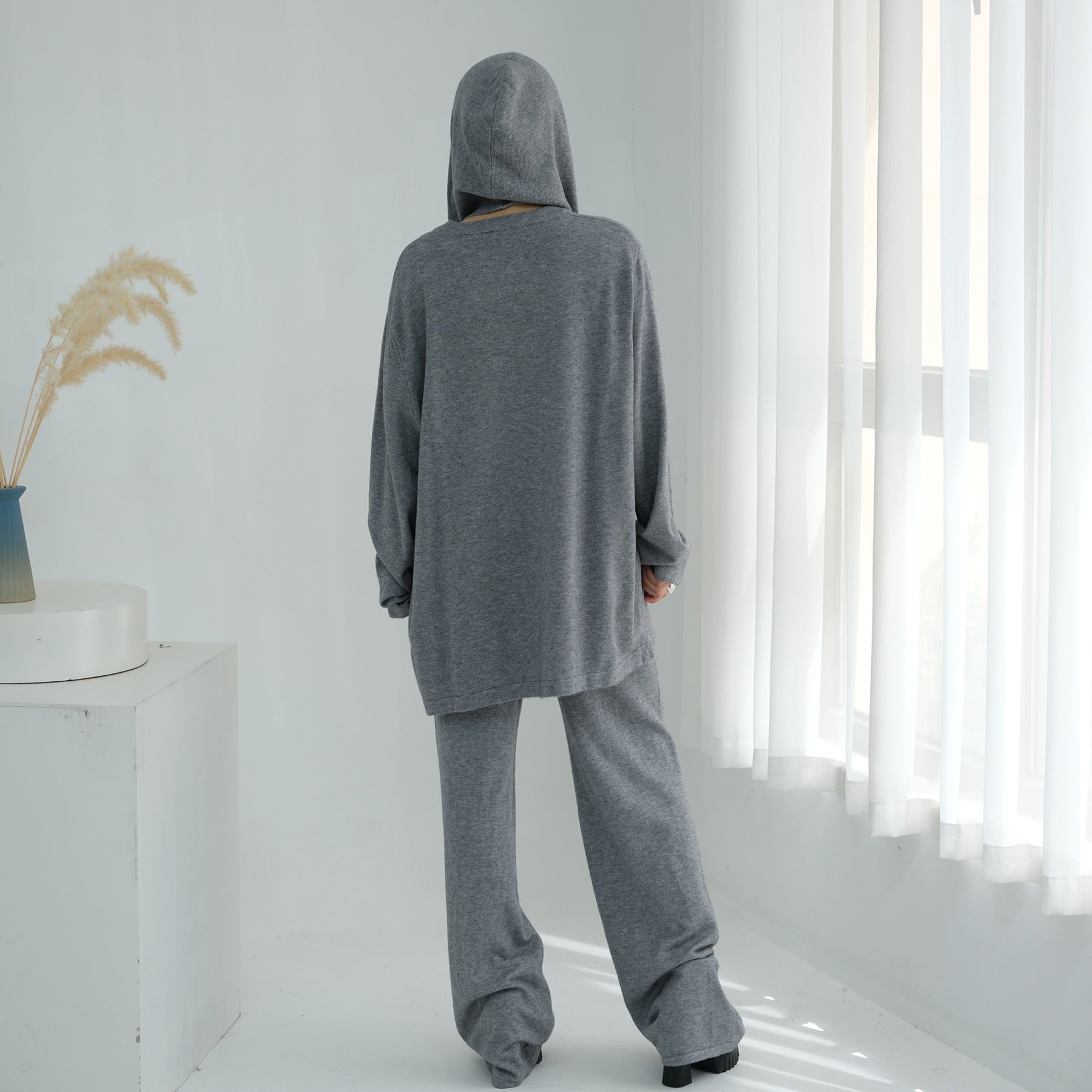 2 Pcs Solid Color Knitted Set with Hooded