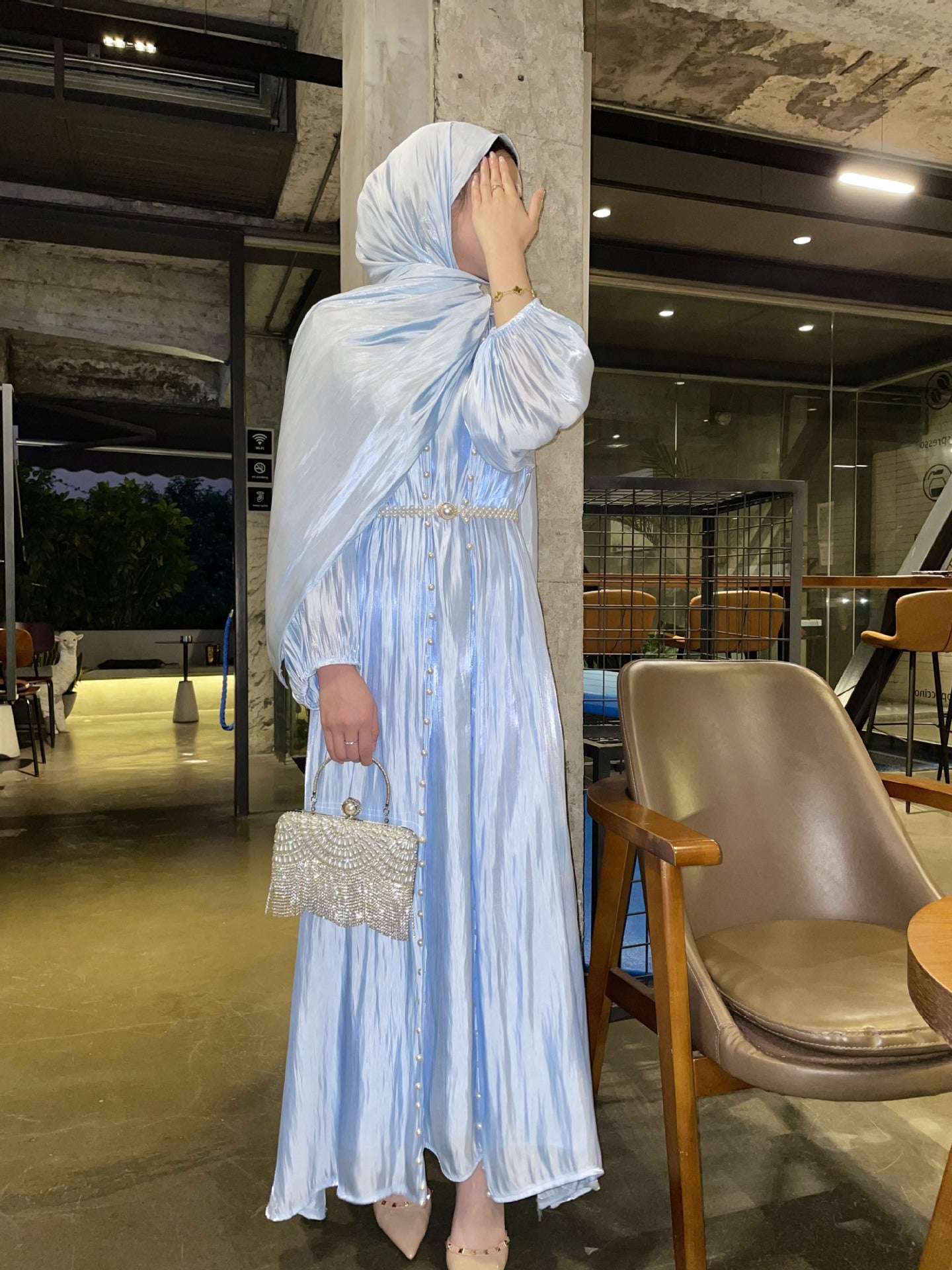 Flowing Gauze Dress Abaya 5 Piece Set