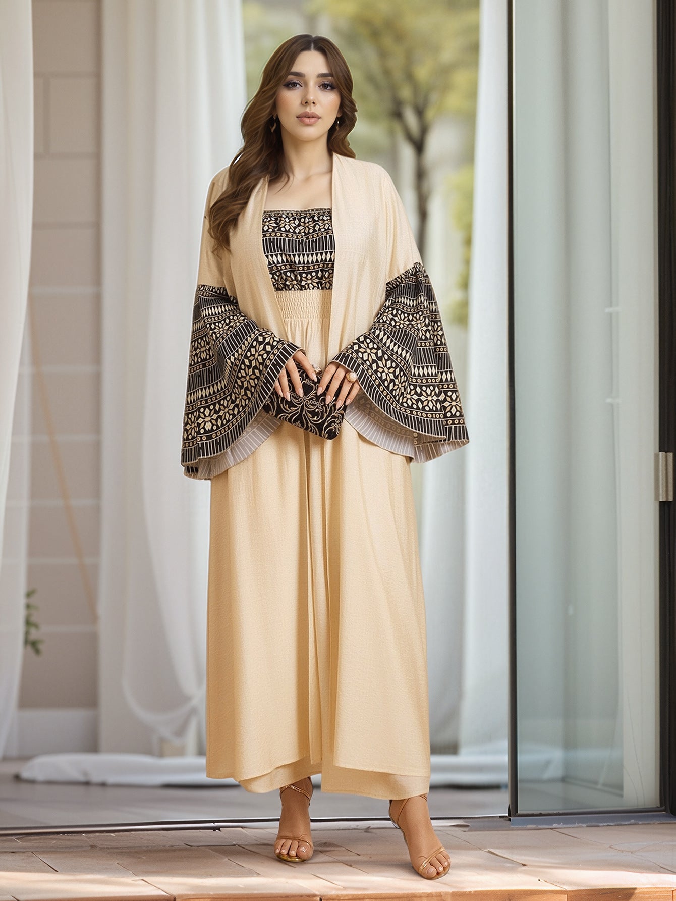 Printed Cardigan Halter Top 2PCS Abaya