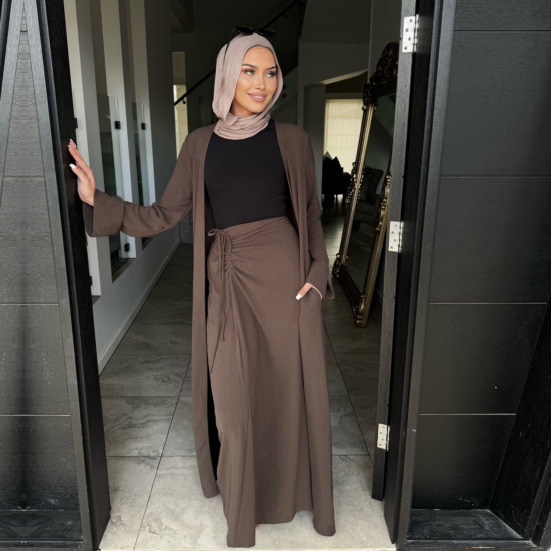 2 Pcs Abaya Solid Color Cardigan and Skirt