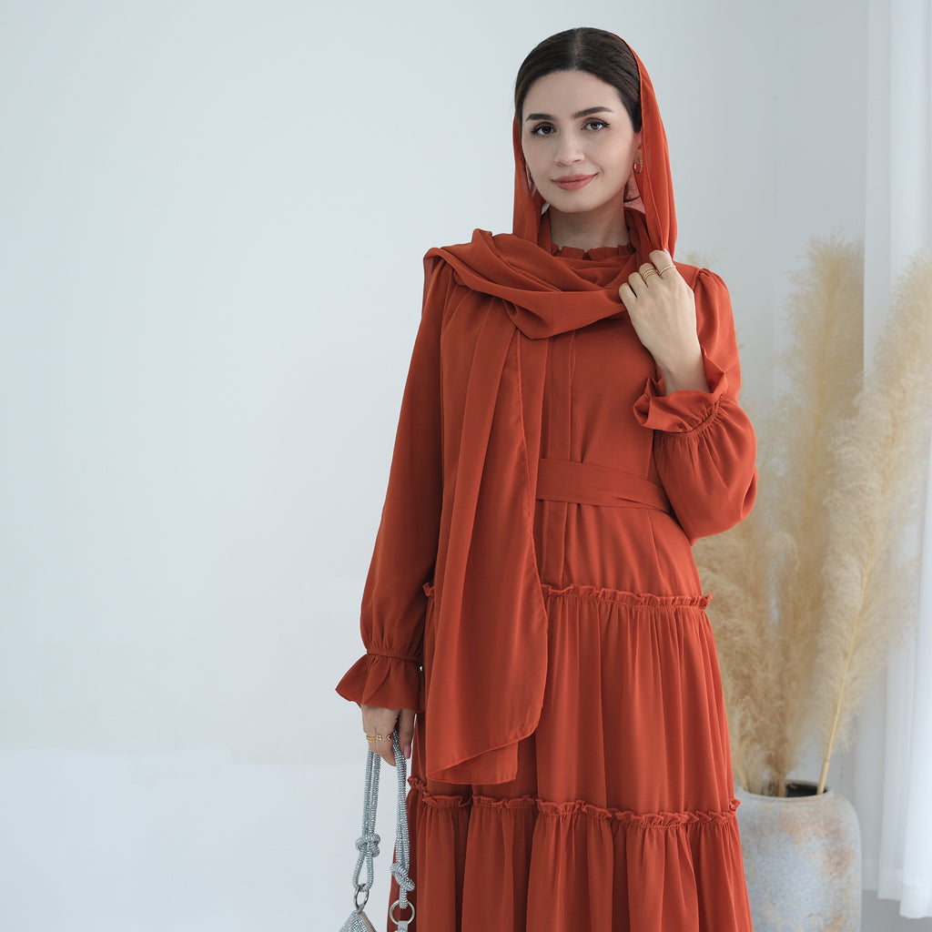 Solid Color Light Flared Sleeve Dress Hijab Set