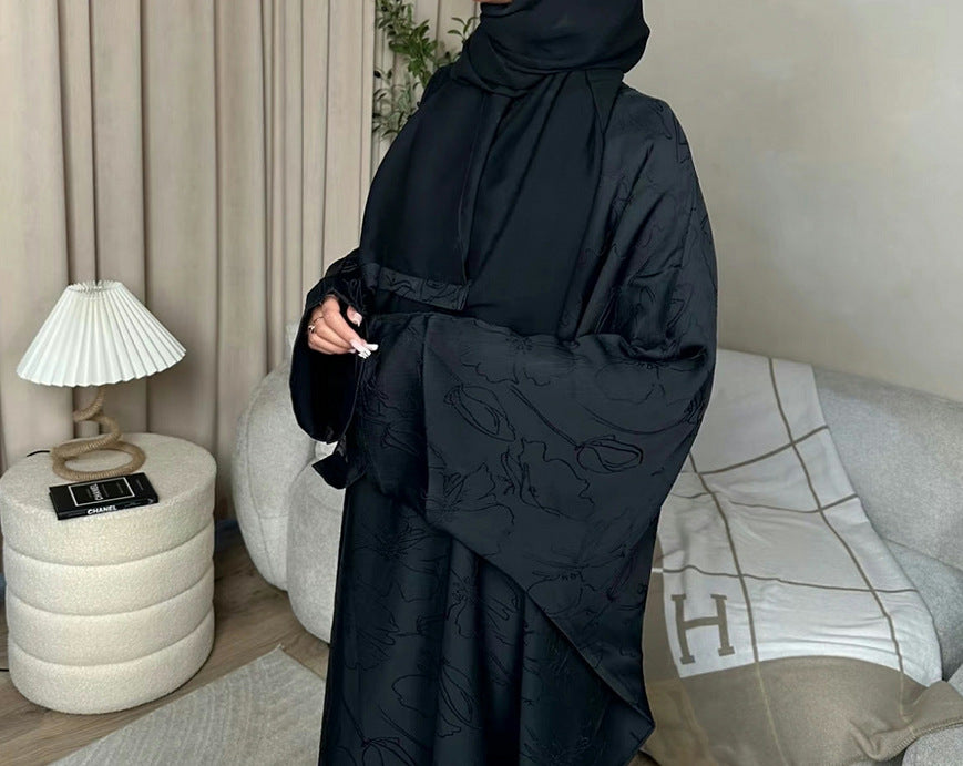 Jacquard Waist-Tied Dress Abaya with Hijab