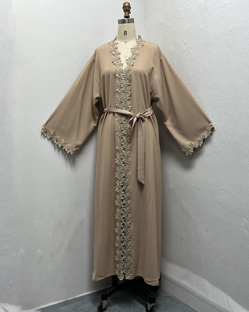 Elegant Leaf Embroidered Open Abaya