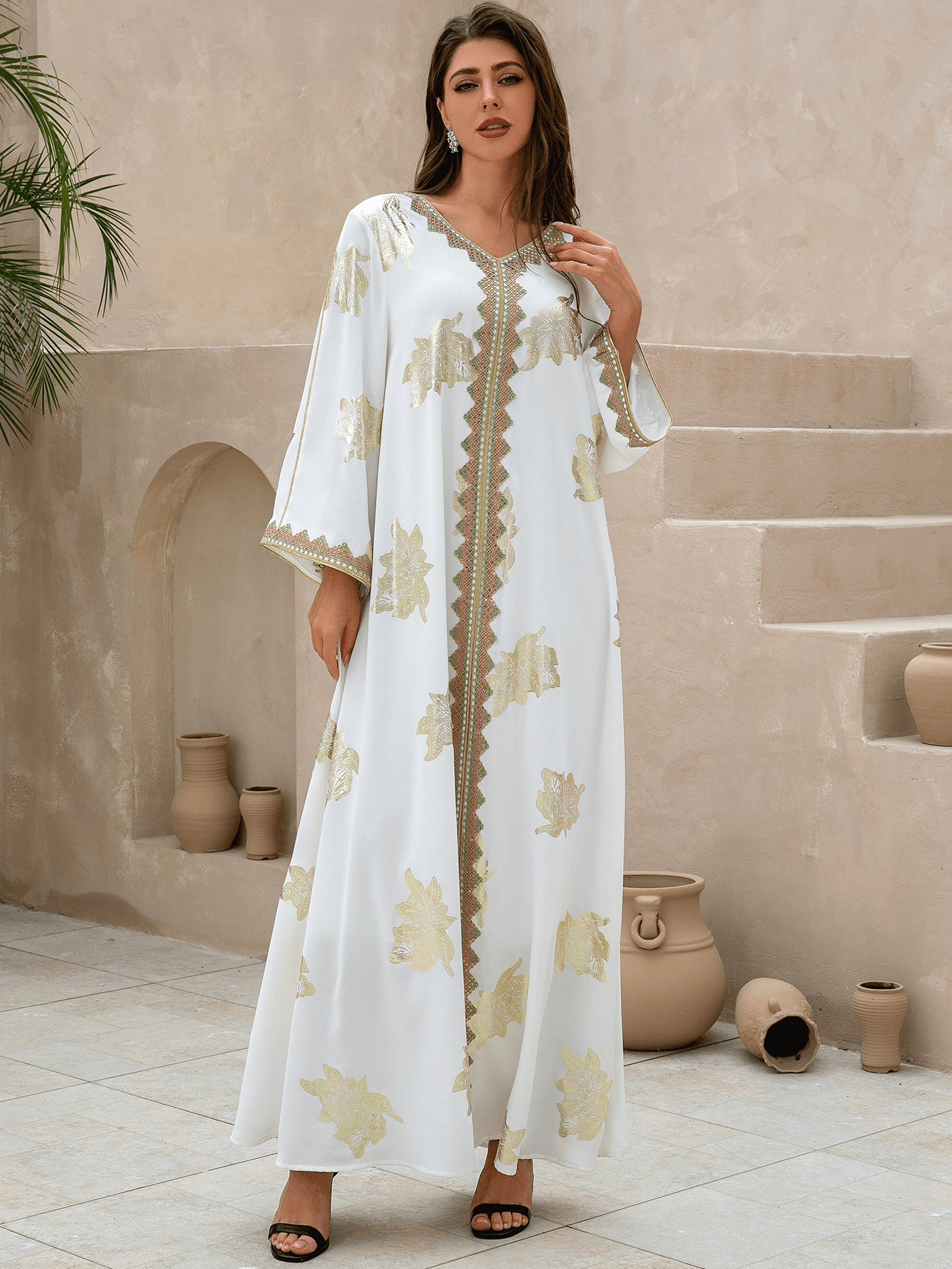 Abaya One-Piece V Neck Floral Embroidery