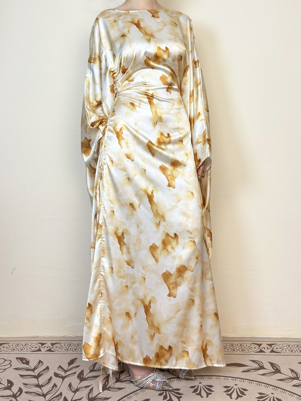 Yellow Waist-Cinched Printed Abaya