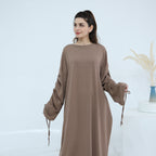 Solid Color Dress with Drawstring Cuffs Abaya