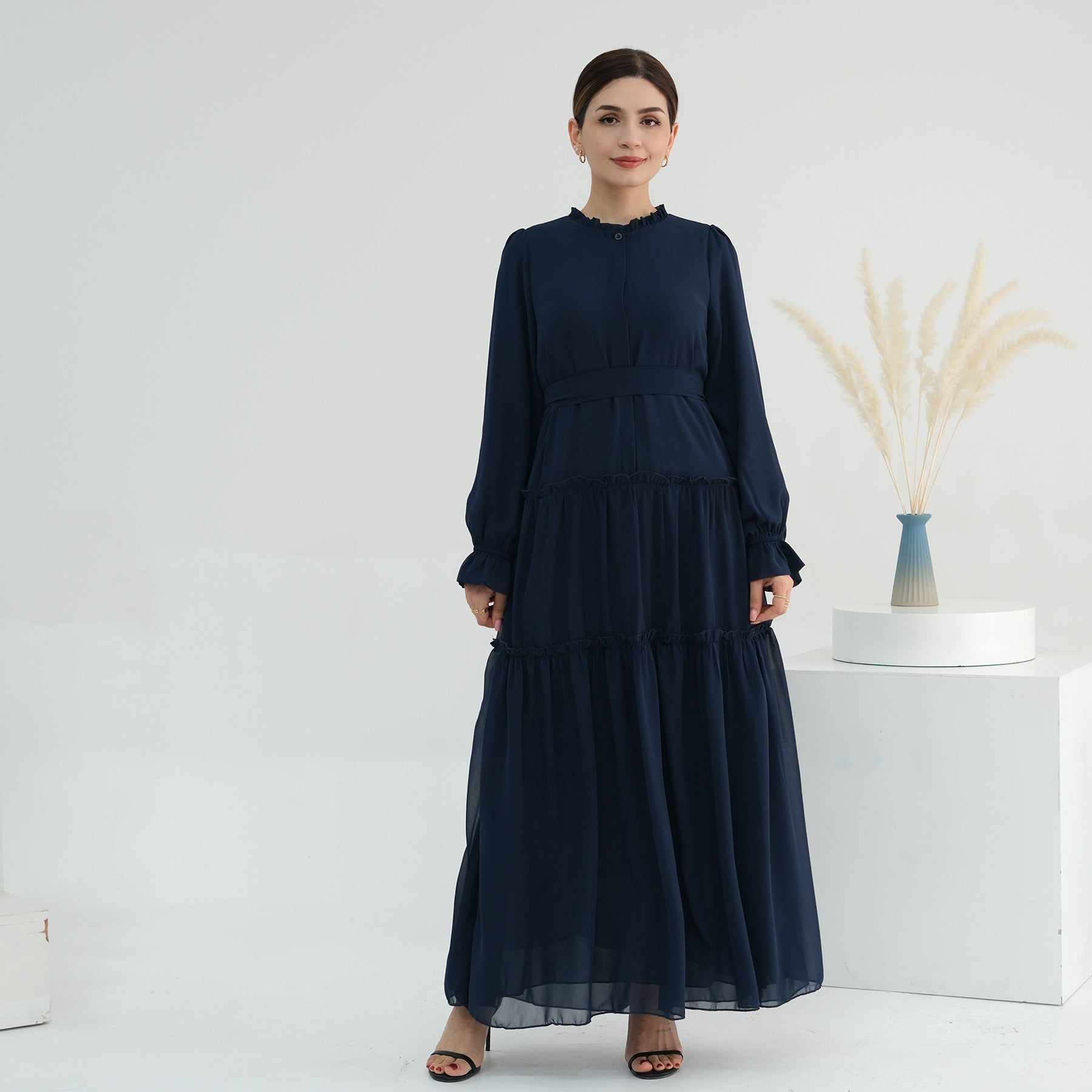 Solid Color Light Flared Sleeve Dress Hijab Set