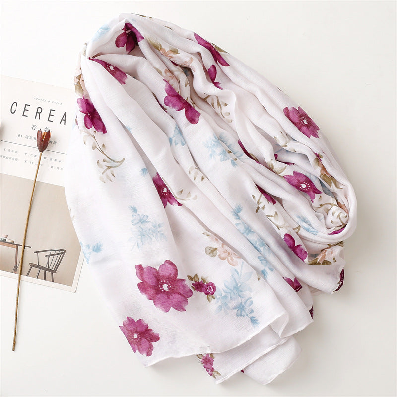 Cotton Linen Floral Hijab Scarf with Tassels