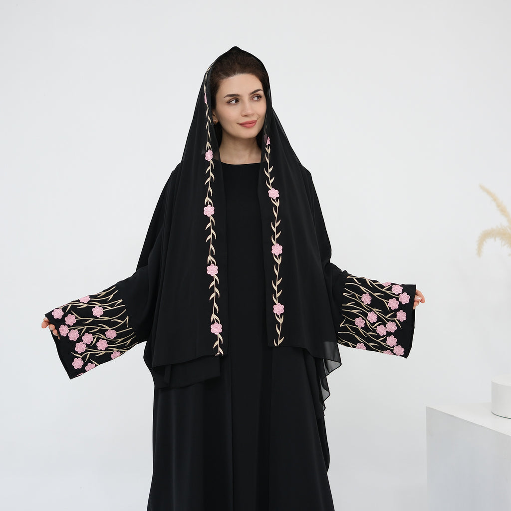 Flower Embroidery Cardigan Abaya with Hijab