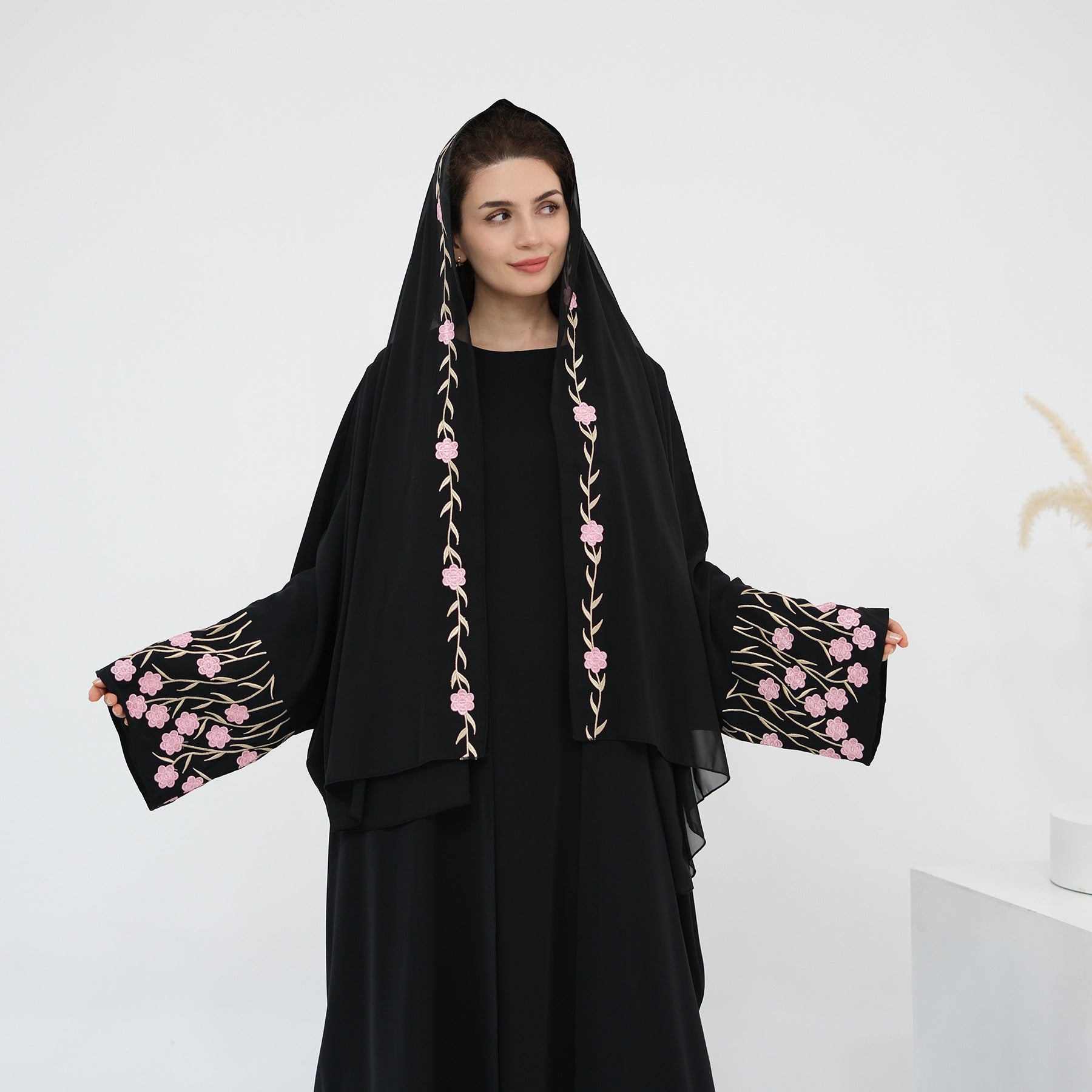 Flower Embroidery Cardigan Abaya with Hijab
