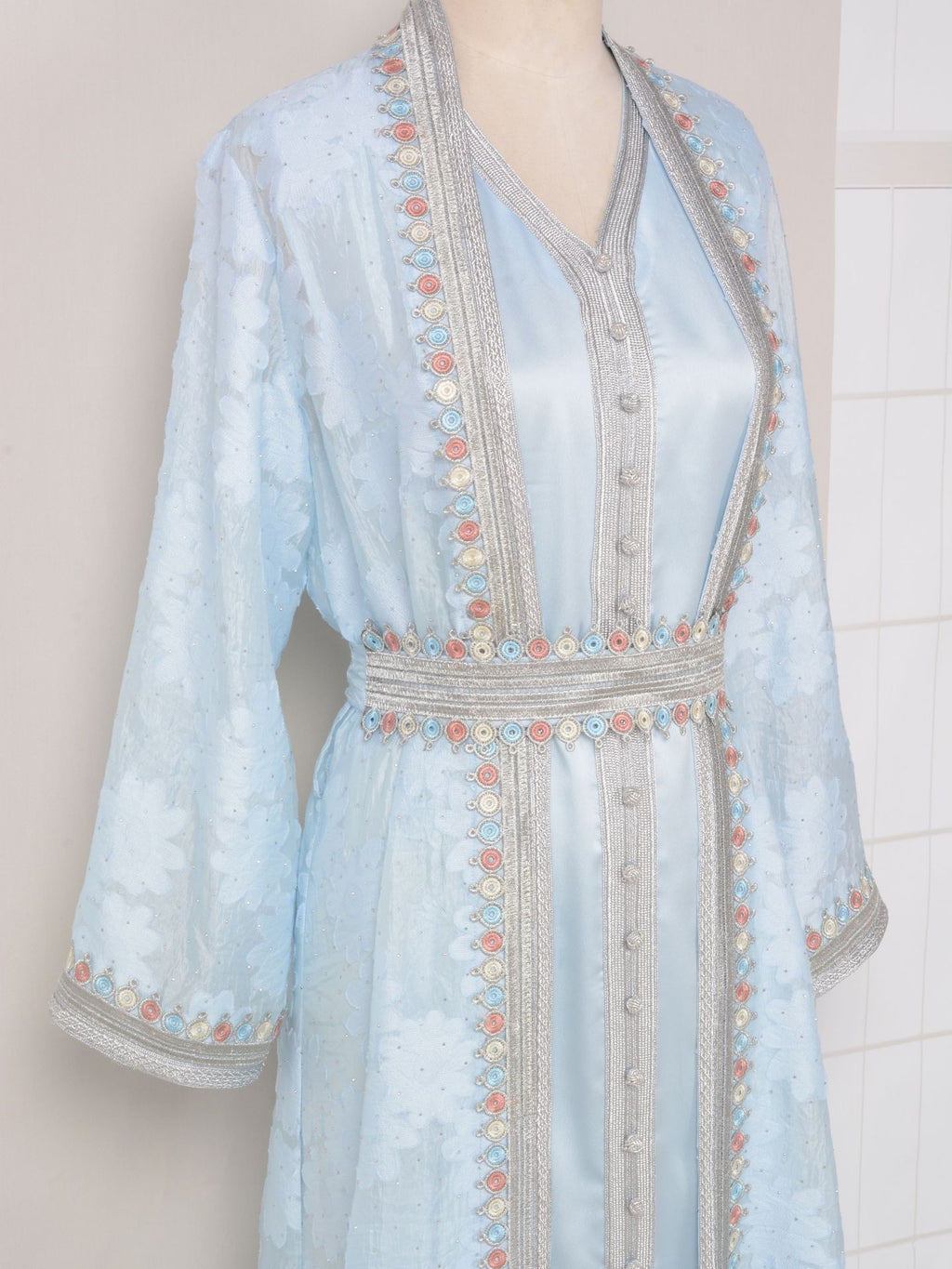Fresh Lace Blue & Pink Abaya 3 Piece Set
