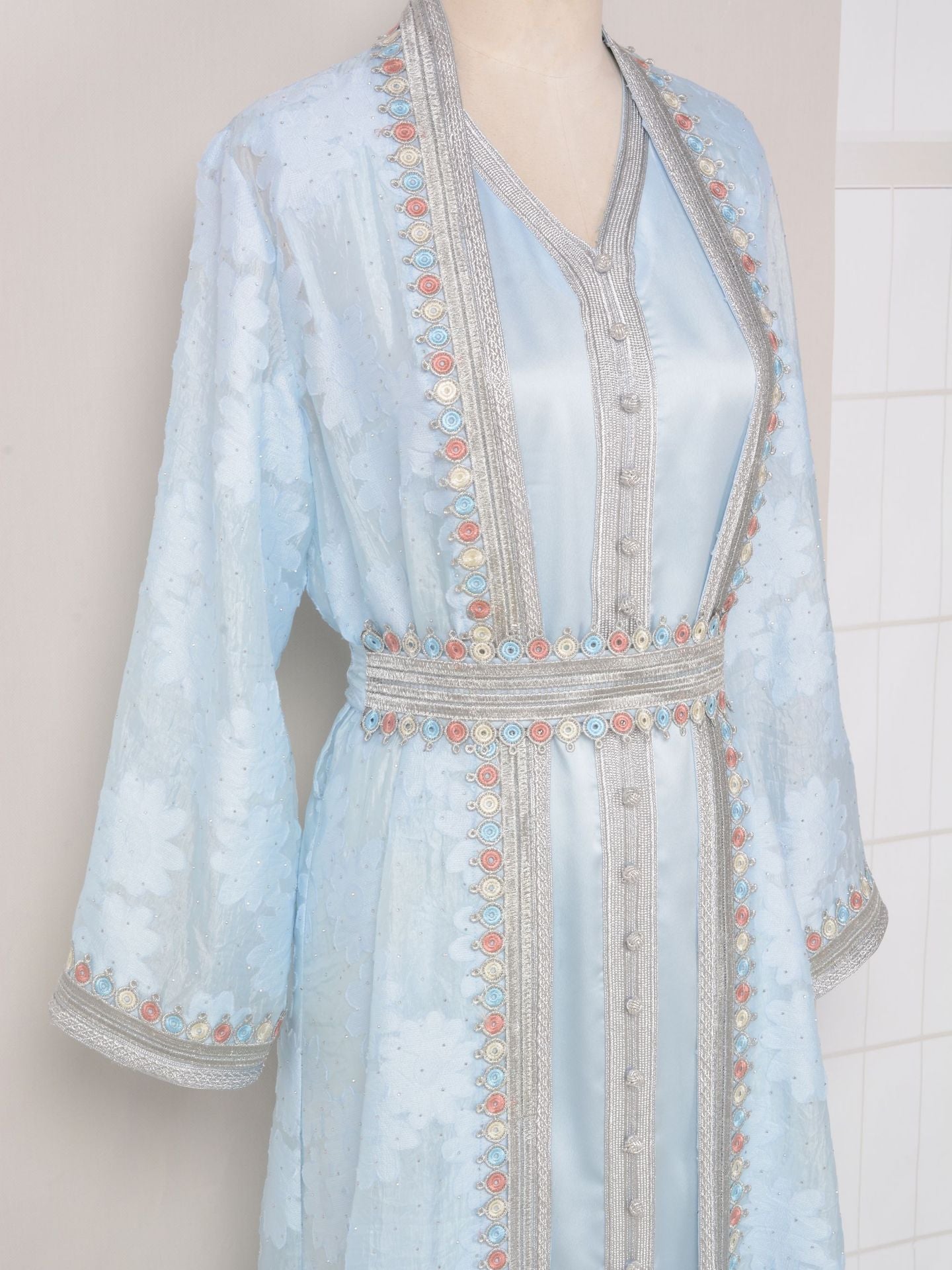 Fresh Lace Blue & Pink Abaya 3 Piece Set