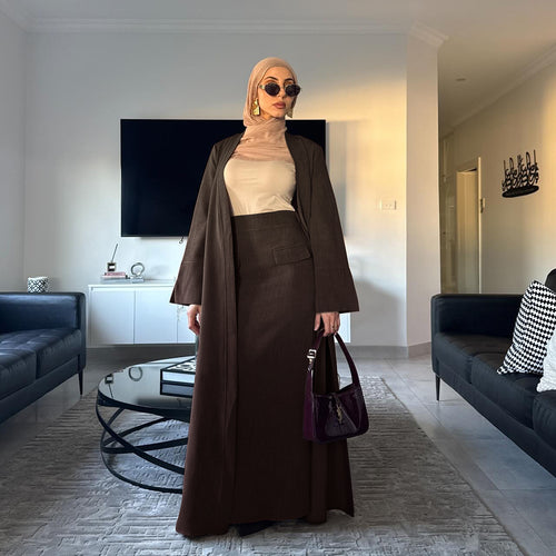 Solid Color Cardigan + Skirt 2PCS Abaya
