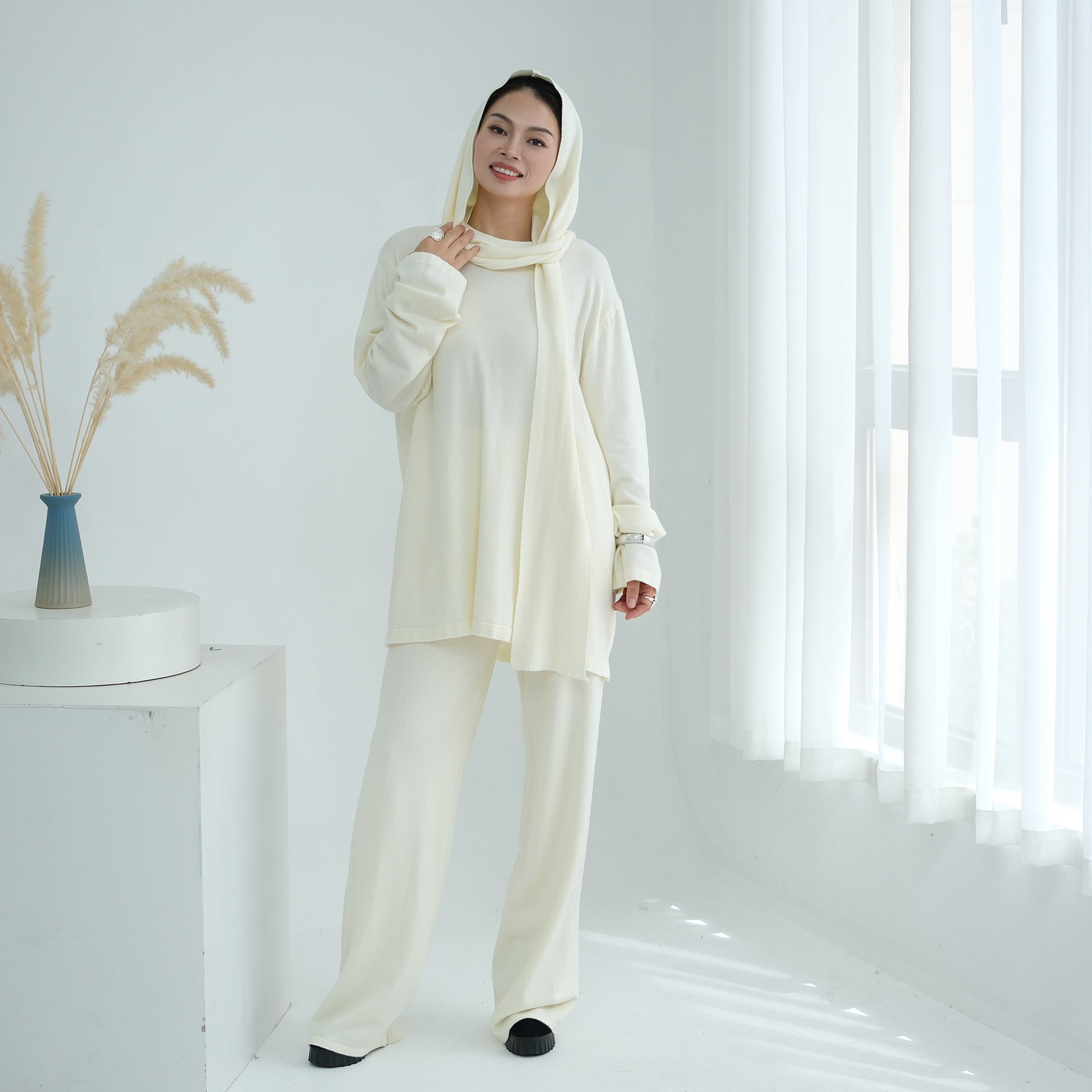 2 Pcs Solid Color Knitted Set with Hooded