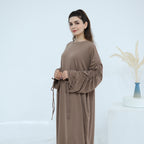 Solid Color Dress with Drawstring Cuffs Abaya