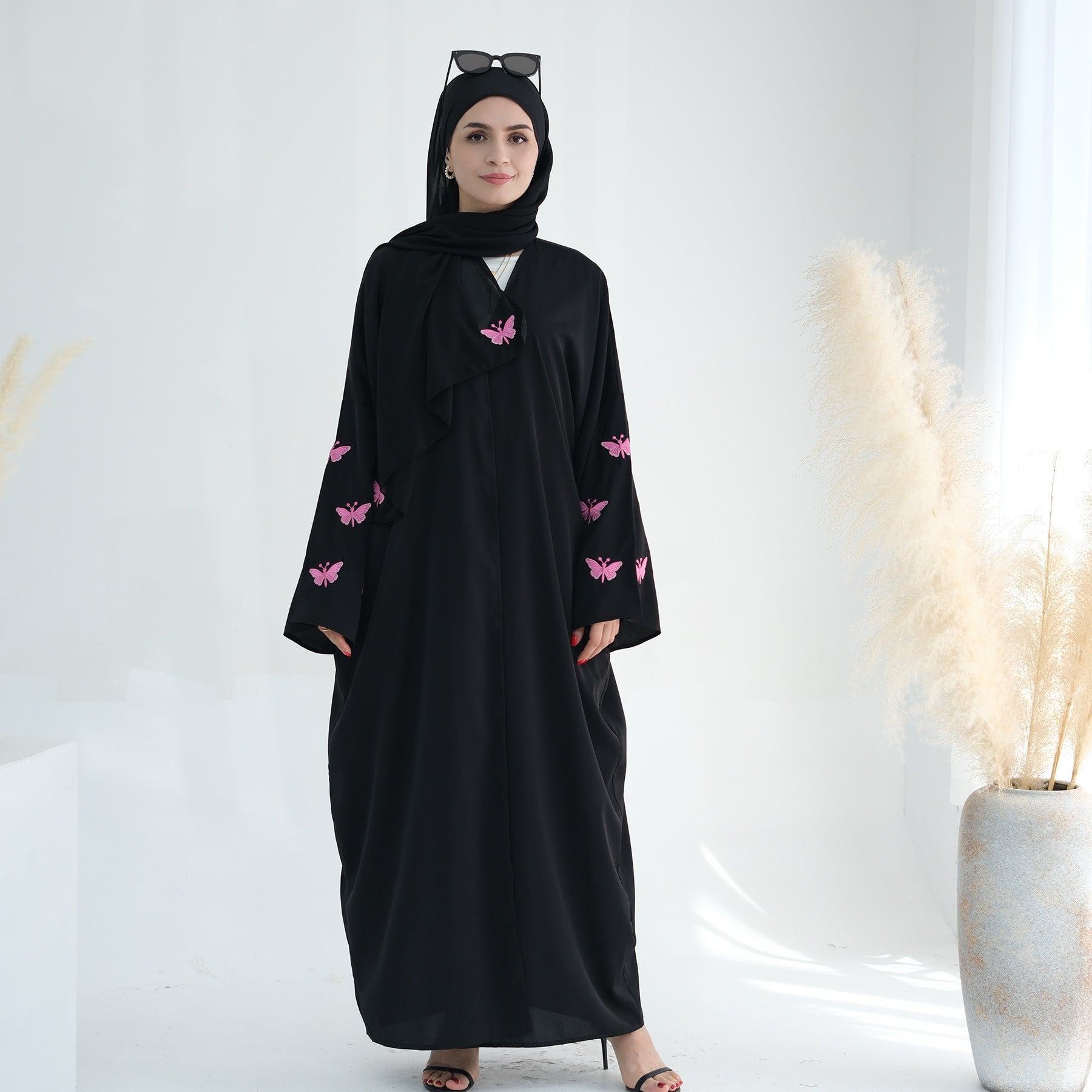 Embroidered Butterfly Print Kaftan with Hijab
