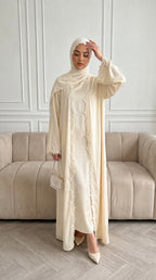 Yellow Lace Open Abaya with Hijab
