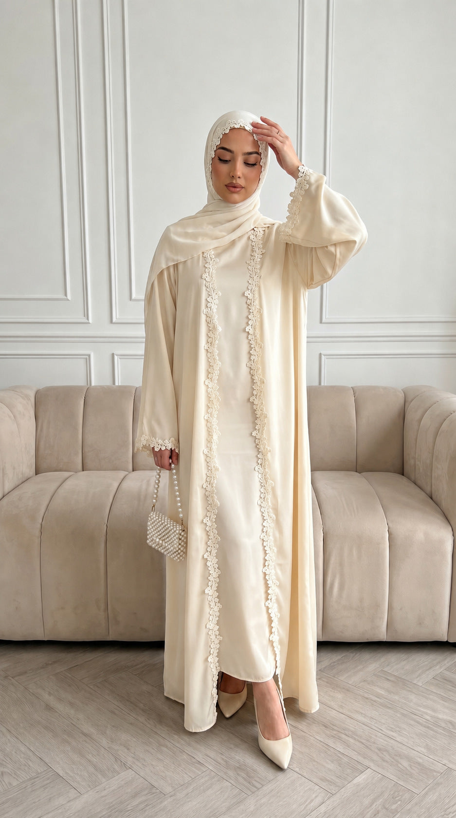 Yellow Lace Open Abaya with Hijab