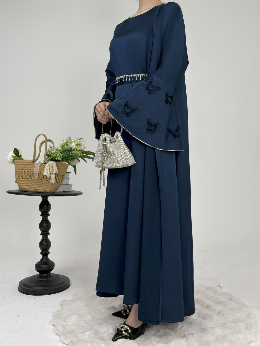 2 Pcs Butterfly Satin Abaya with Crystal Chain