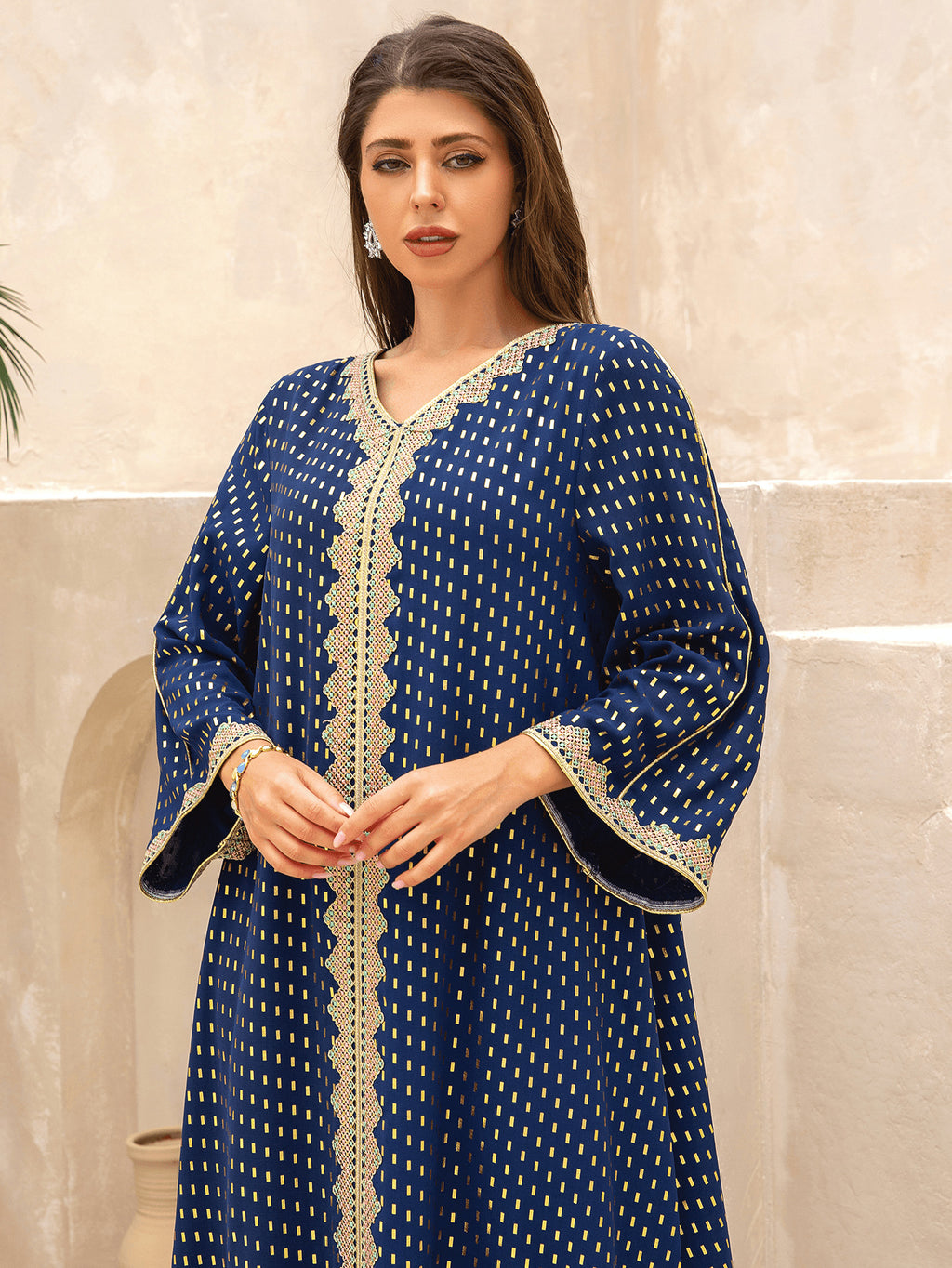 Lace Tape V-Neck Kaftan - Blue