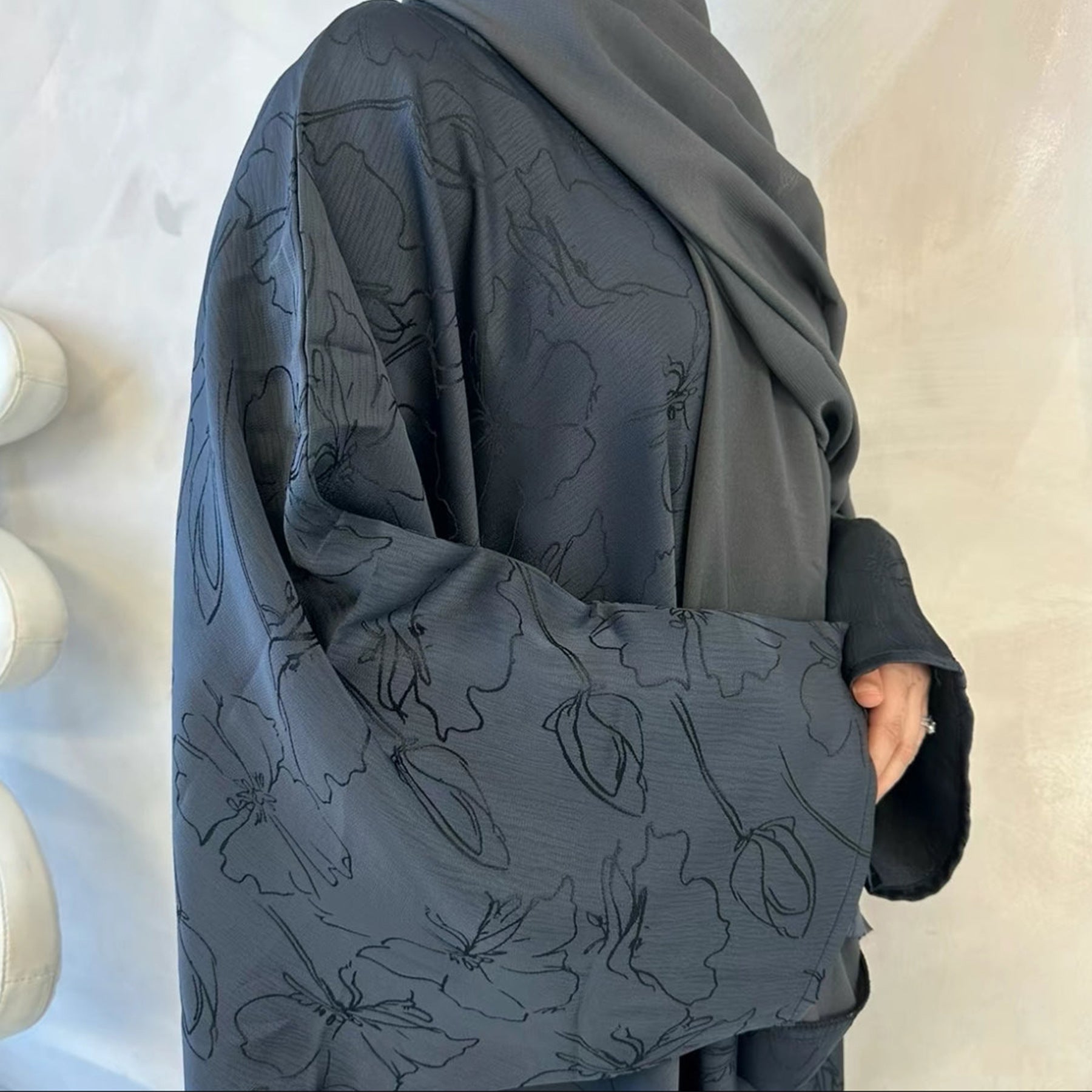 Jacquard Waist-Tied Dress Abaya with Hijab