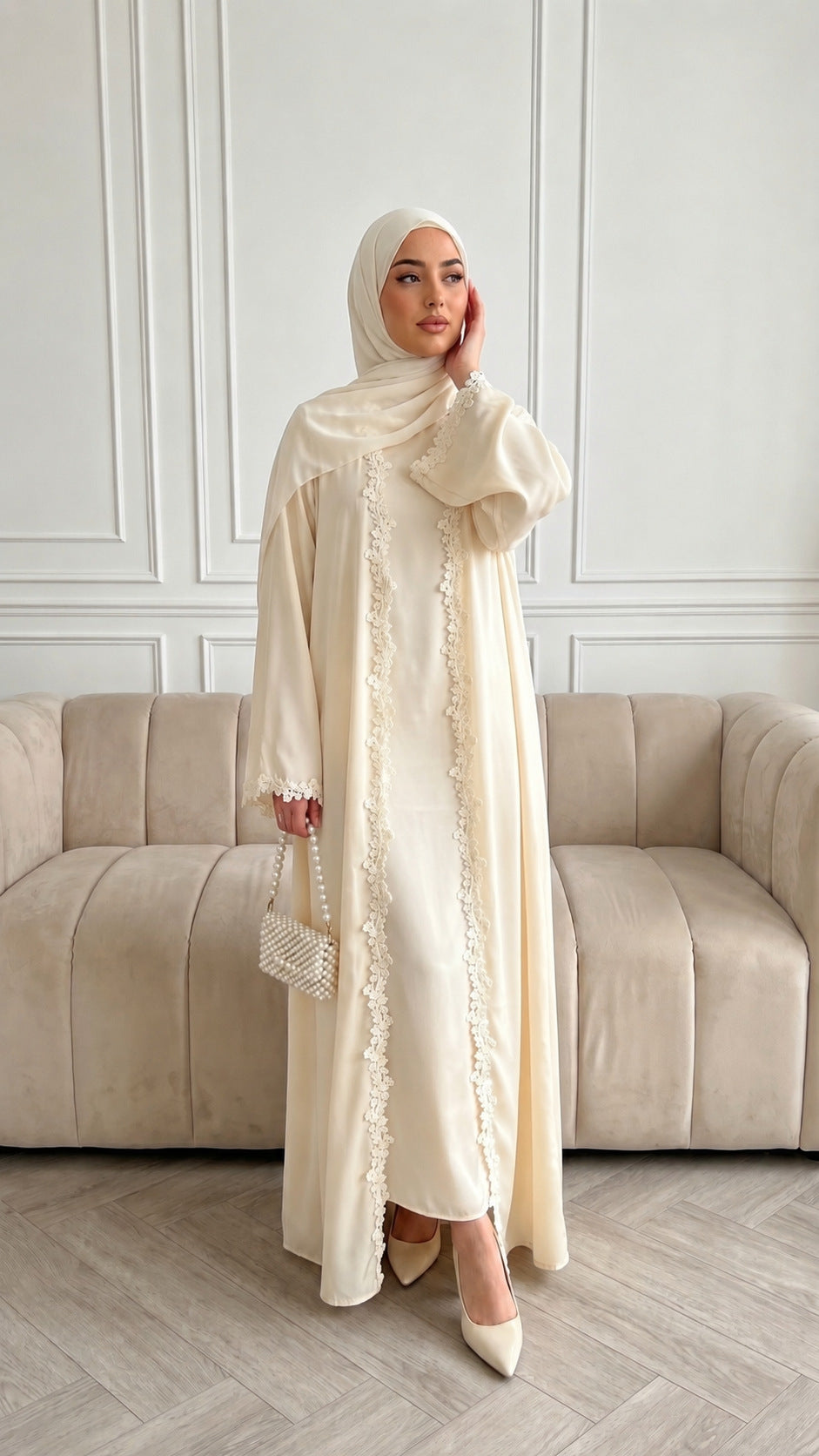Yellow Lace Open Abaya with Hijab