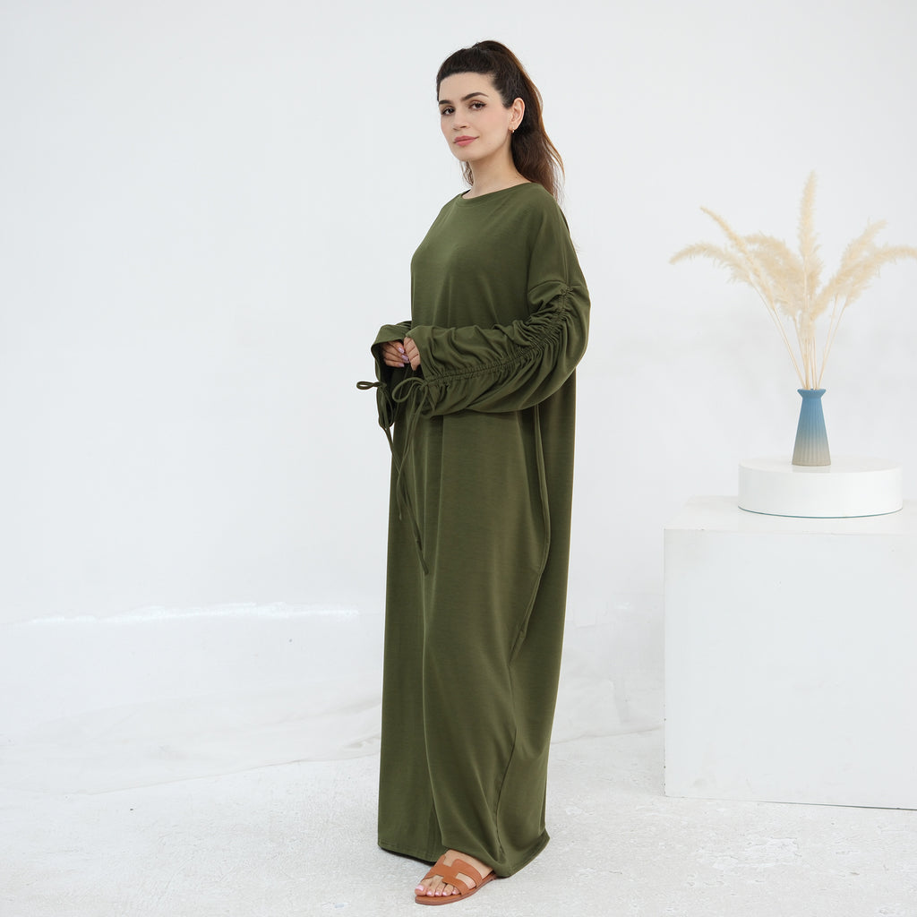 Solid Color Dress with Drawstring Cuffs Abaya