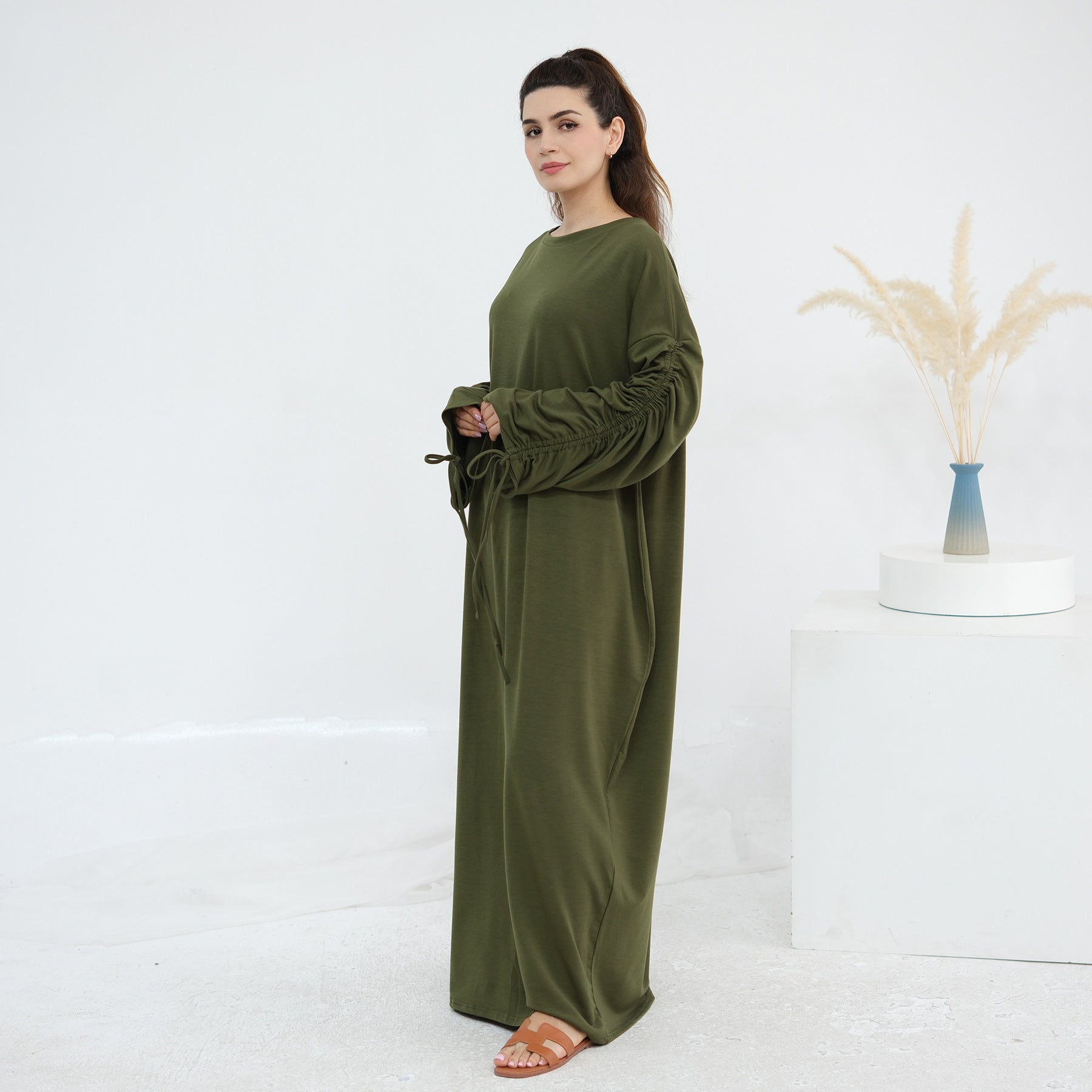 Solid Color Dress with Drawstring Cuffs Abaya