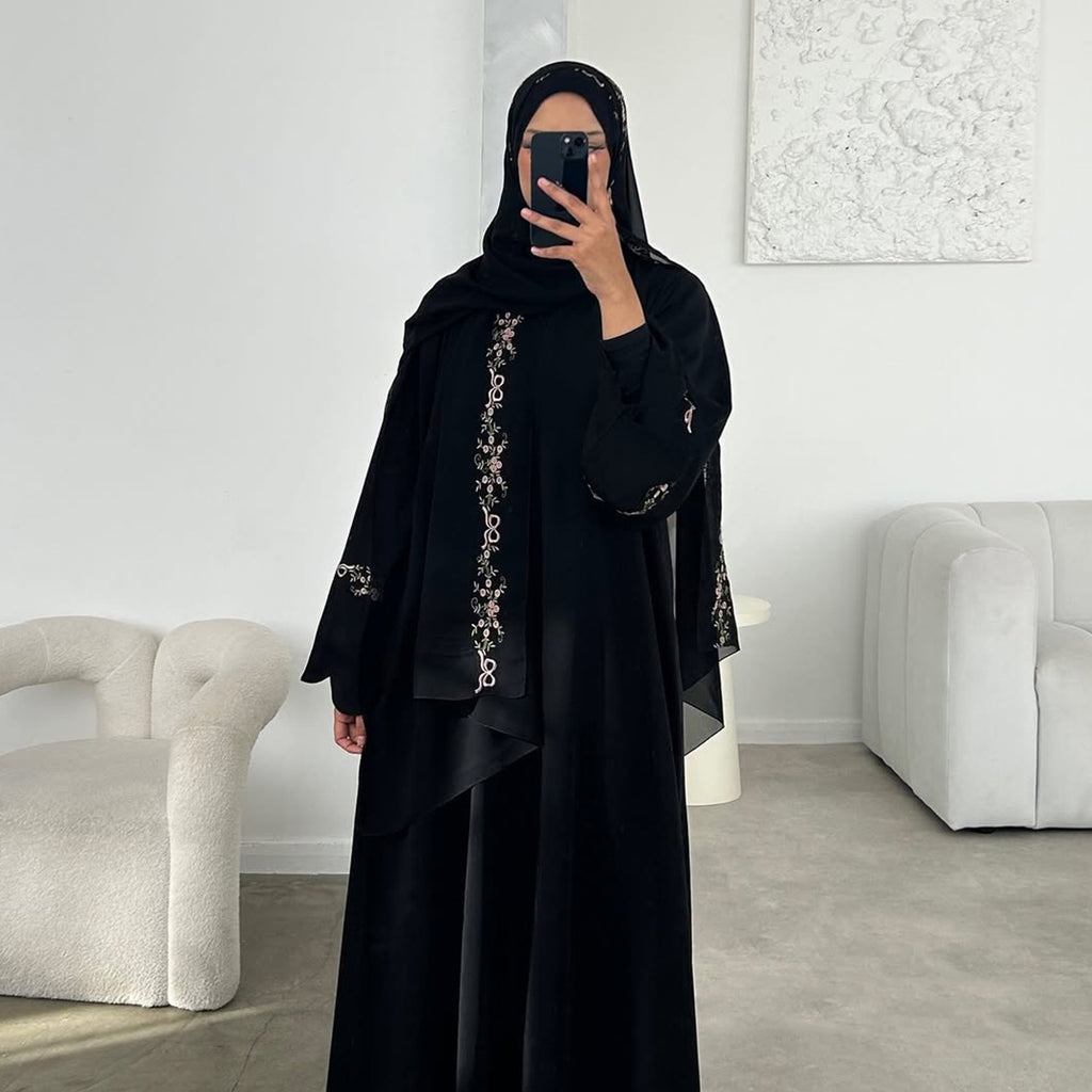 Flower Embroidered Solid Color Cardigan Abaya
