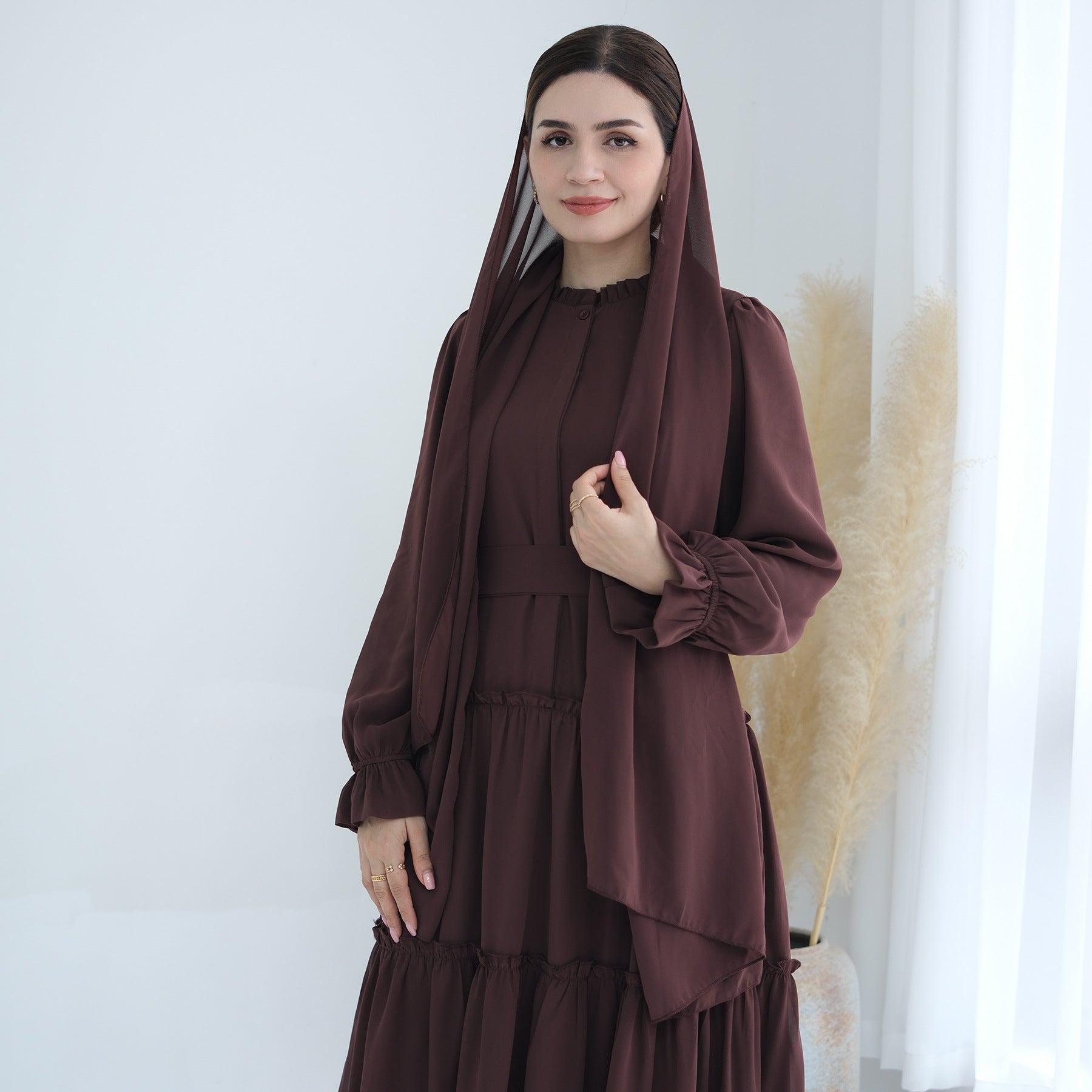 Solid Color Light Flared Sleeve Dress Hijab Set