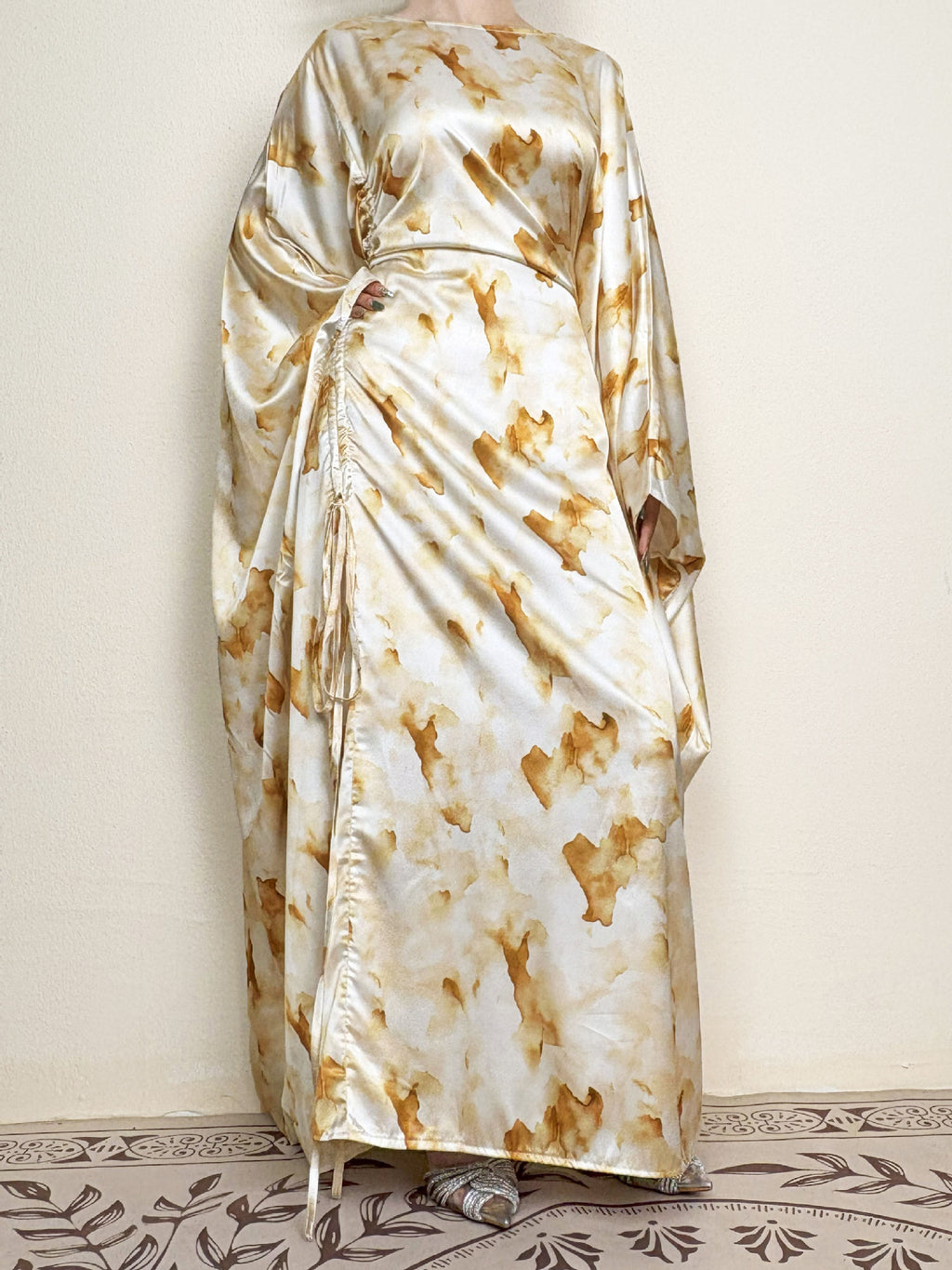 Yellow Waist-Cinched Printed Abaya