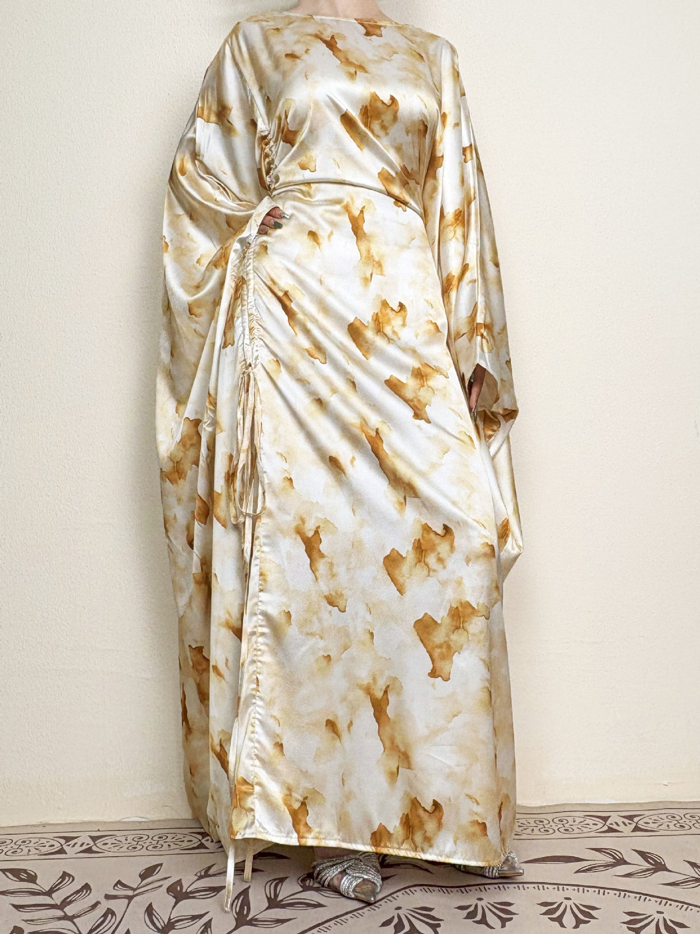 Yellow Waist-Cinched Printed Abaya