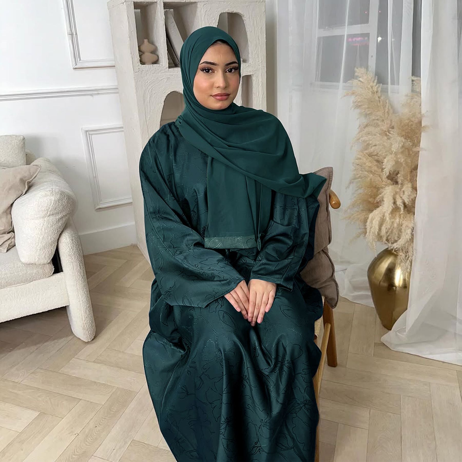 Jacquard Waist-Tied Dress Abaya with Hijab