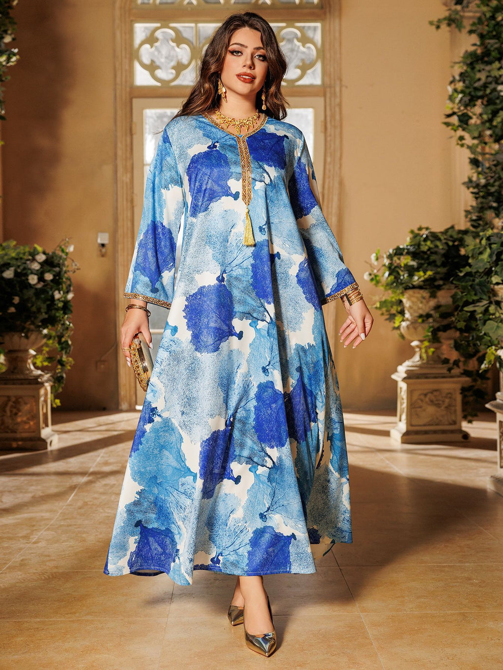Rhinestone Fashion Print Satin Abaya