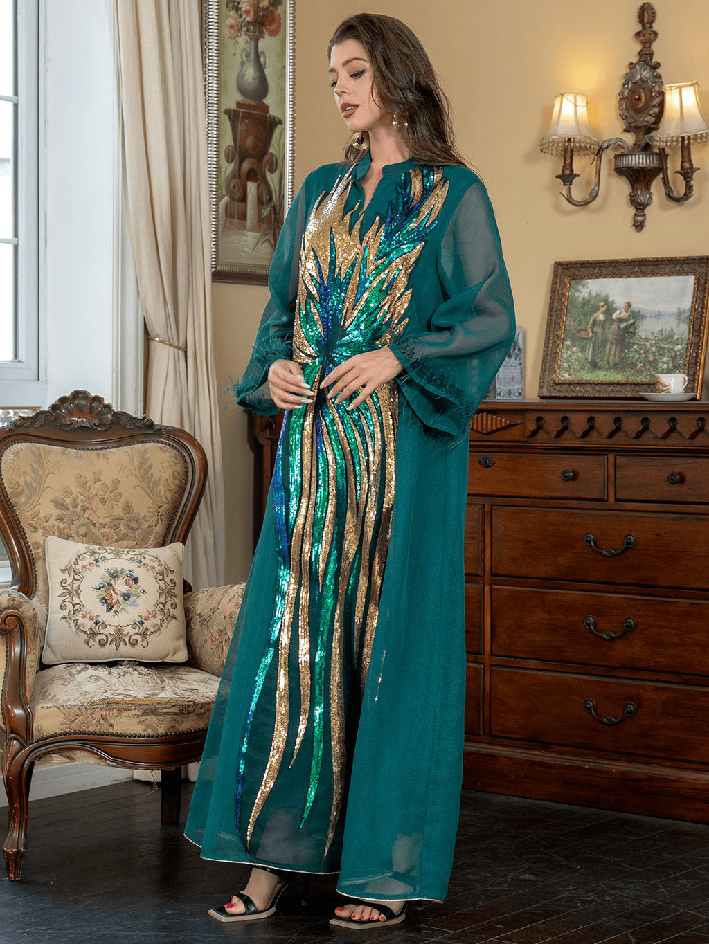 Luxury Ostrich Fur Sequin Kaftan