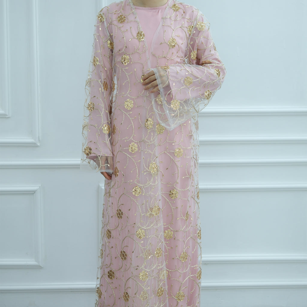 Golden Hook Flower Embroidered Cardigan Abaya