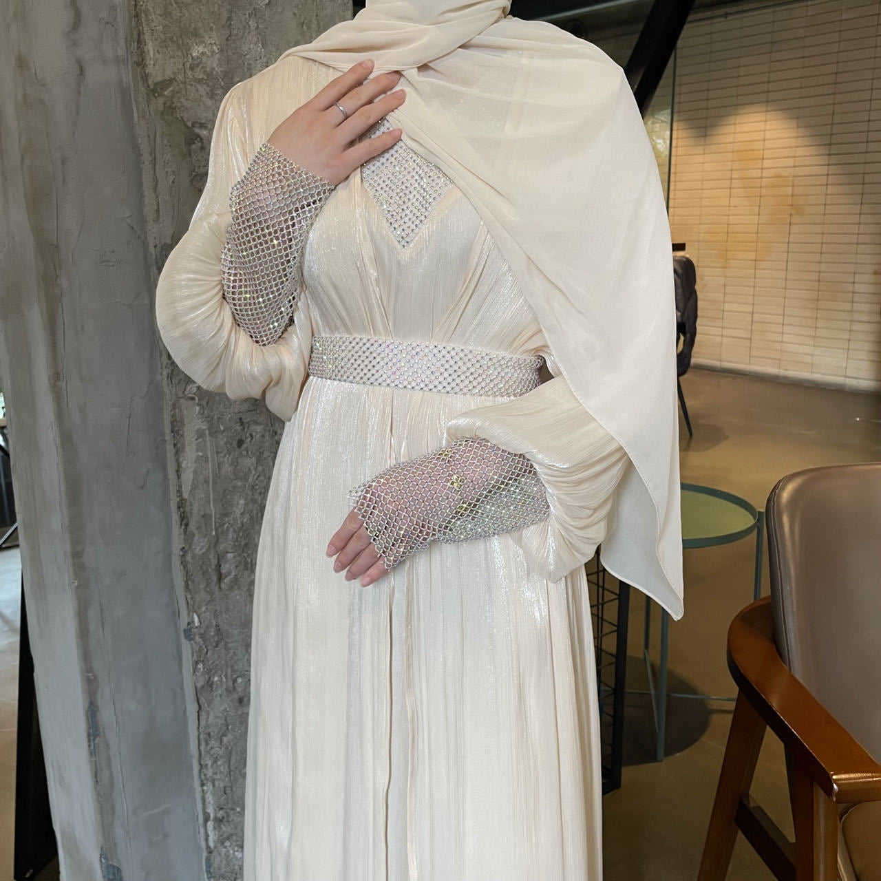 Mesh V-neck Chiffon Abaya Set