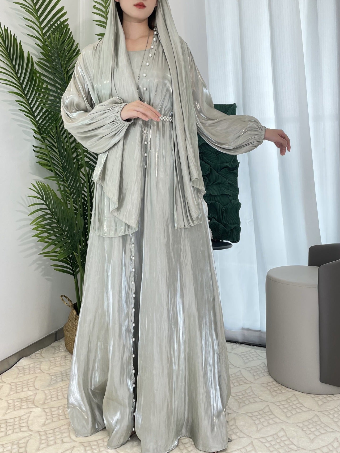 Flowing Gauze Dress Abaya 5 Piece Set