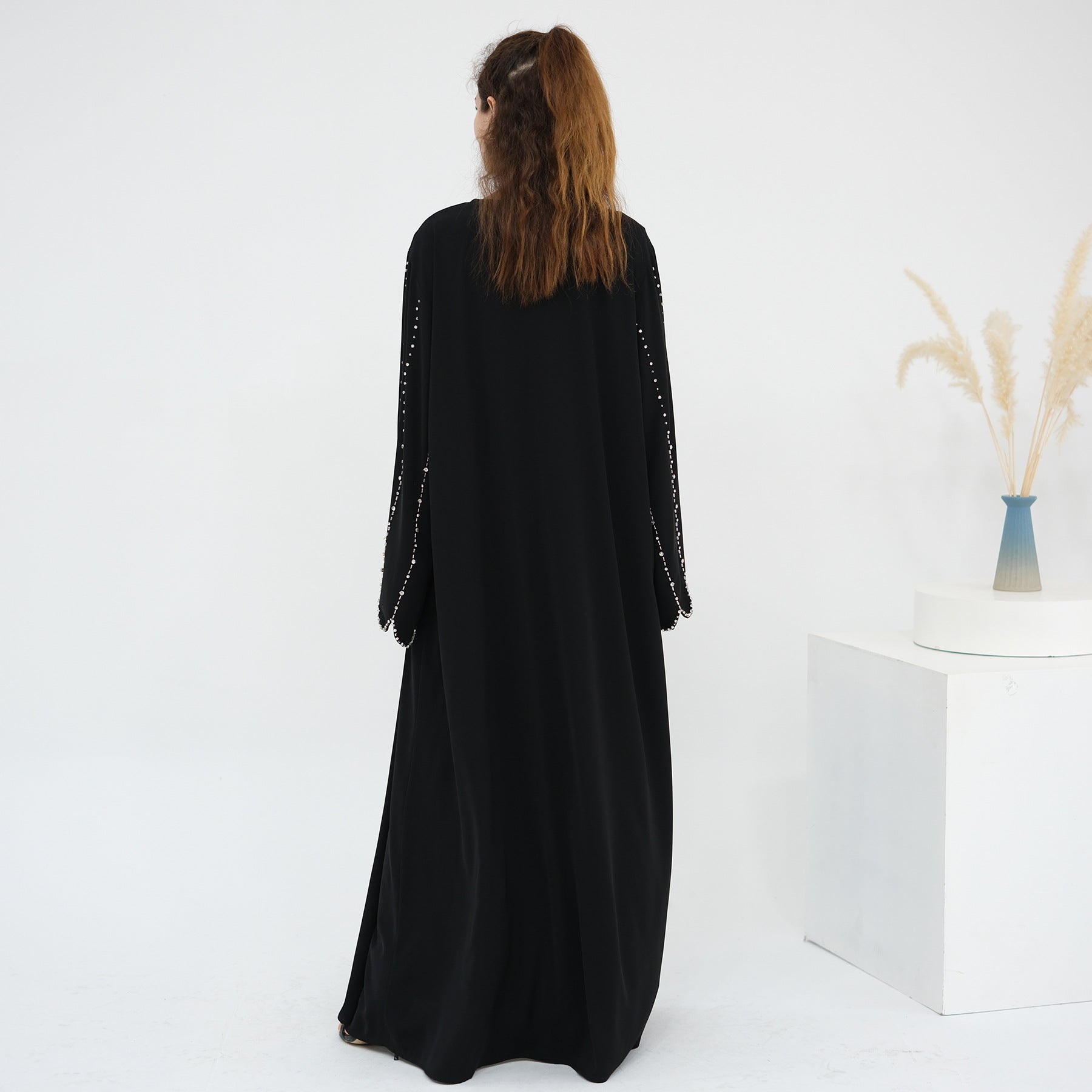 Beaded Line Trimmed Open Front Abaya