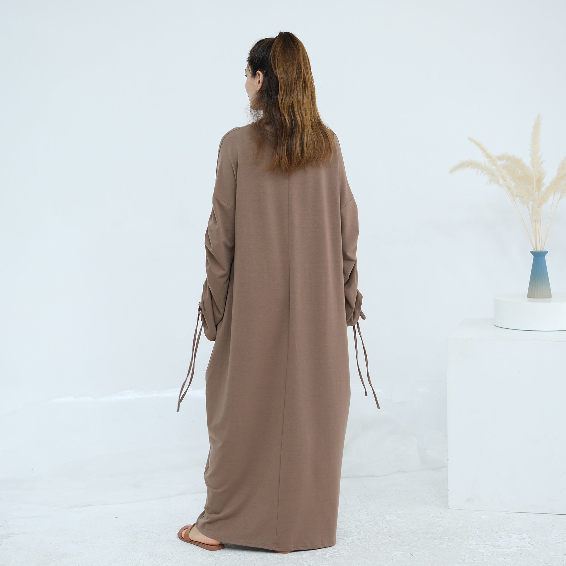 Solid Color Dress with Drawstring Cuffs Abaya