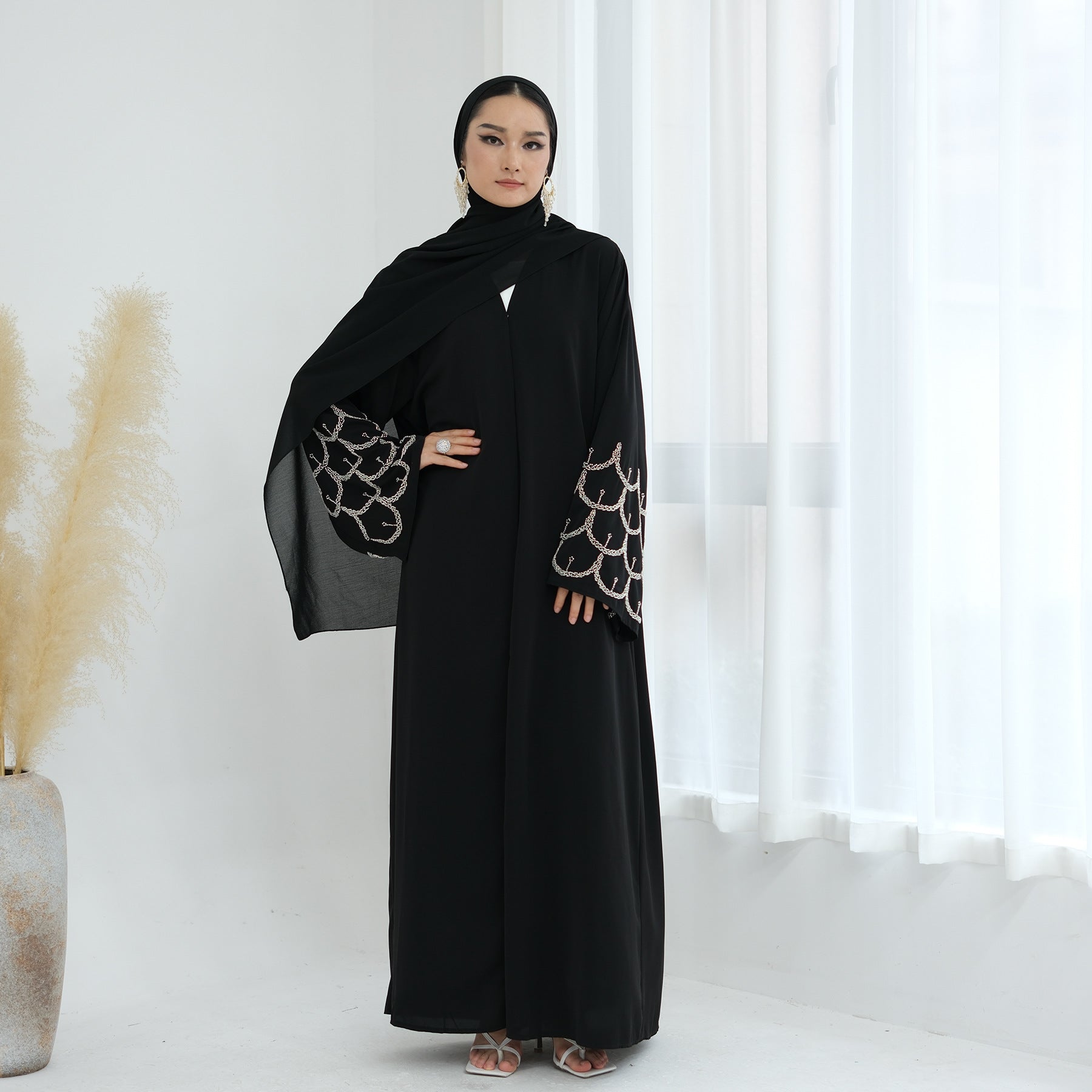 Solid Color Beaded Embroidered Cardigan Abaya